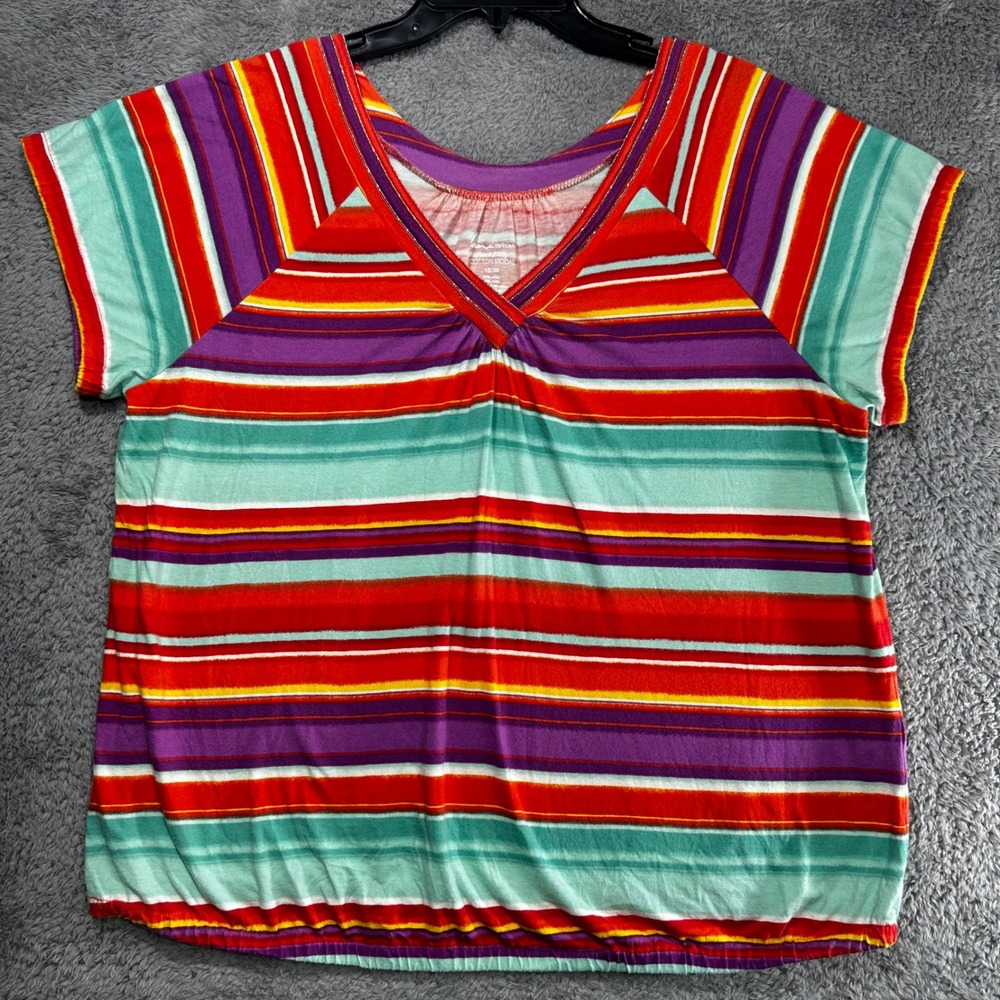 Lane Bryant Top Womens 18/20 Multicolor Striped V-Neck Raglan Elastic Hem‎ Tee